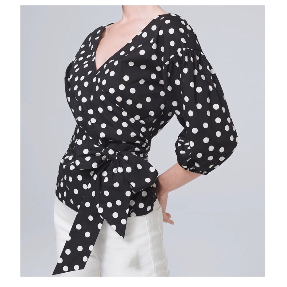 White House Black Market Black Polka Dots Wrap Top